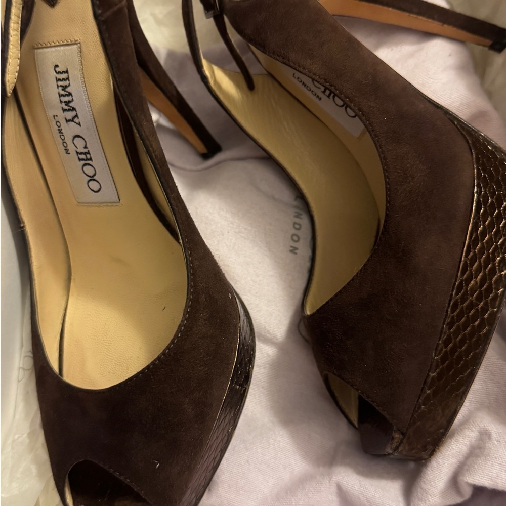 Jimmy Choo Dark Brown Peep-Toe Heels